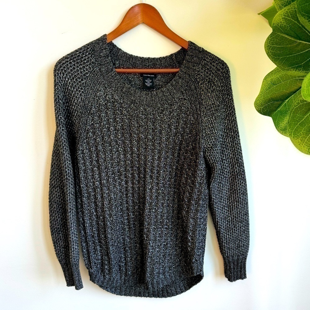 Calvin Klein Metallic Dark Grey Silver Crew Neck Knit Long Sleeve Sweater Size L